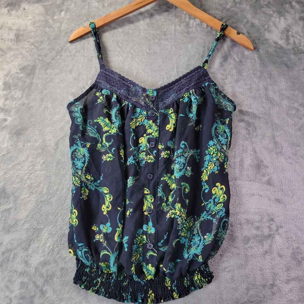 Kira‎ Womens Tank Top Large Navy Blue Floral Lace Trim Button Front Boho Casual